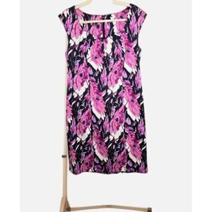 Talbots Sheath Dress Magenta Black 14 Bold Floral Cap Sleeve Cotton Lined